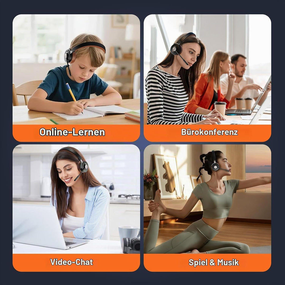 Headset mit Mikrophone Kabelloses, Bluetooth Headset für PC Laptop, 32h Gesprächszeit, USB A Dongle