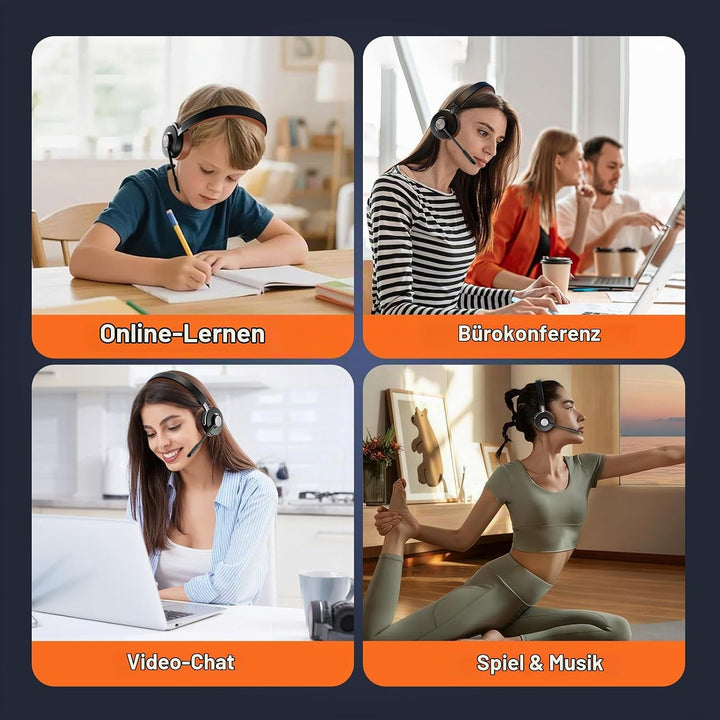 Headset mit Mikrophone Kabelloses, Bluetooth Headset für PC Laptop, 32h Gesprächszeit, USB A Dongle