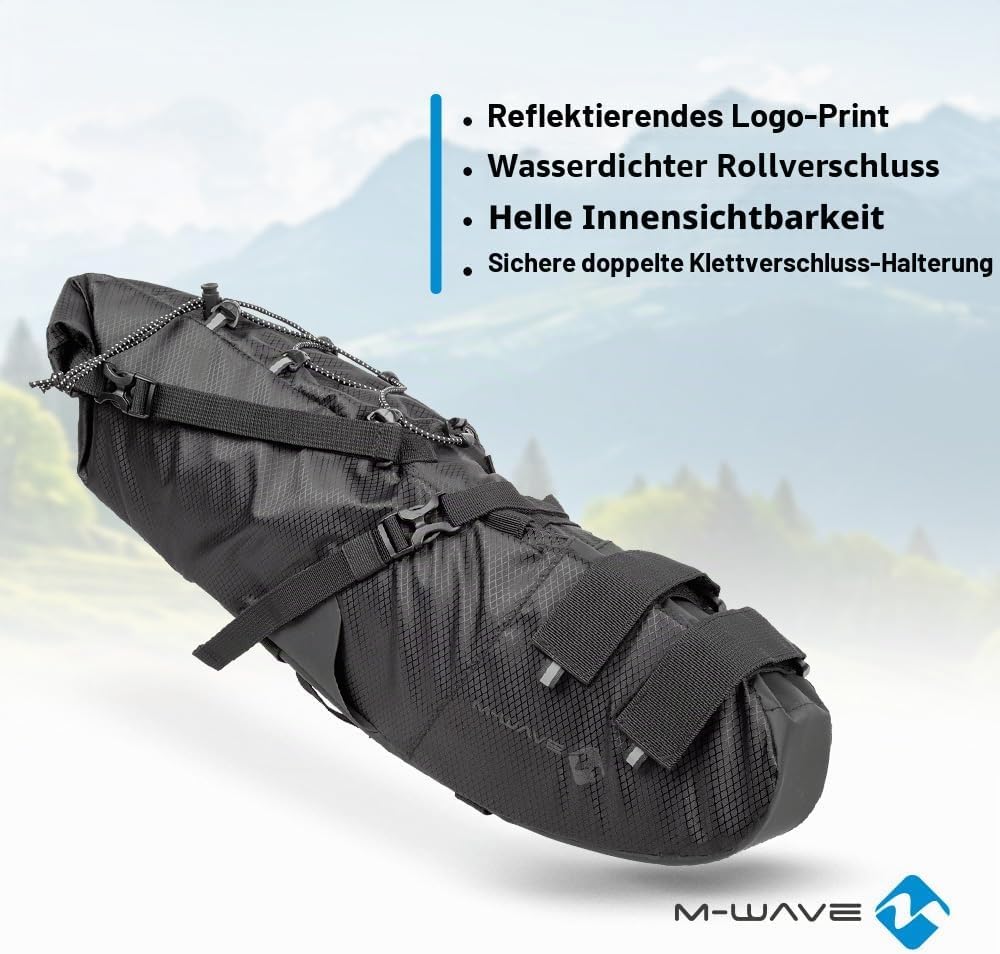 M-WAVE Fahrrad Satteltasche, 100% wasserdicht, 11 L, Bikepacking & Gravel, Rough Ride Saddle L