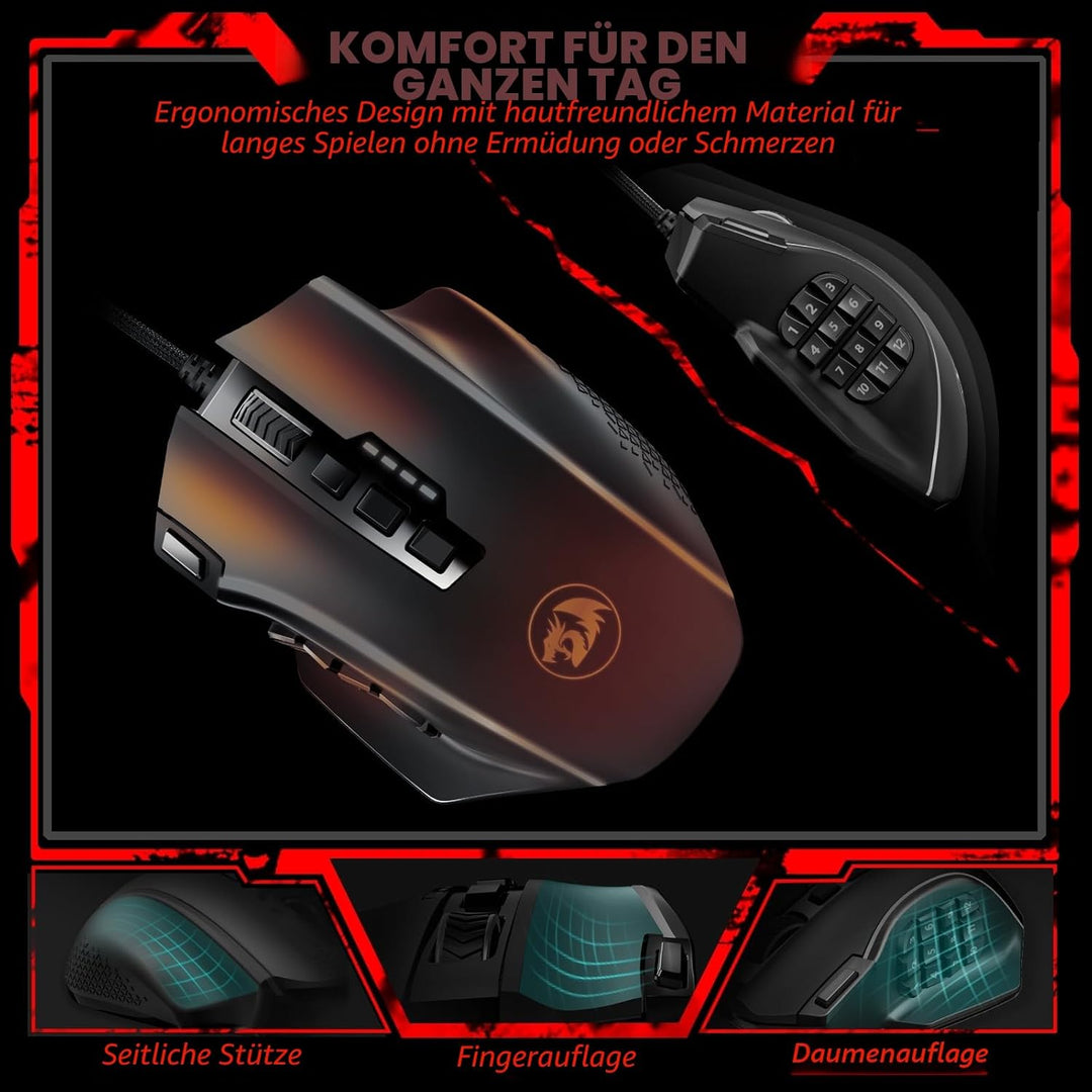 Redragon Optische RGB MMO Maus mit 12 Seitentasten,kabelgebundene Gaming Maus mit 12400DPI,8 * 2.4g