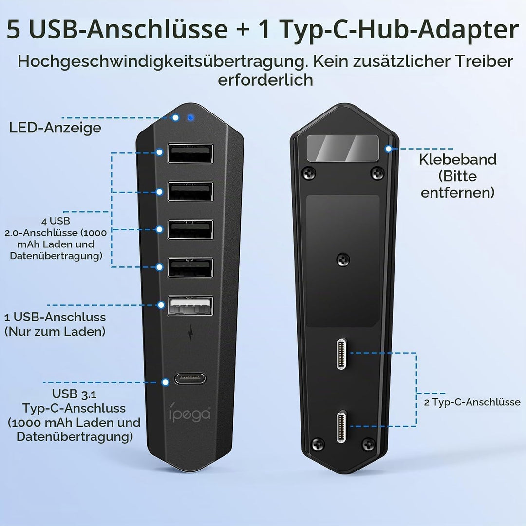 Auarte USB Hub für PlayStation 5 Pro/Slim Console, 1 Typ C 3.1 Anschluss, 4 USB 2.0 Anschlüsse, 1 US