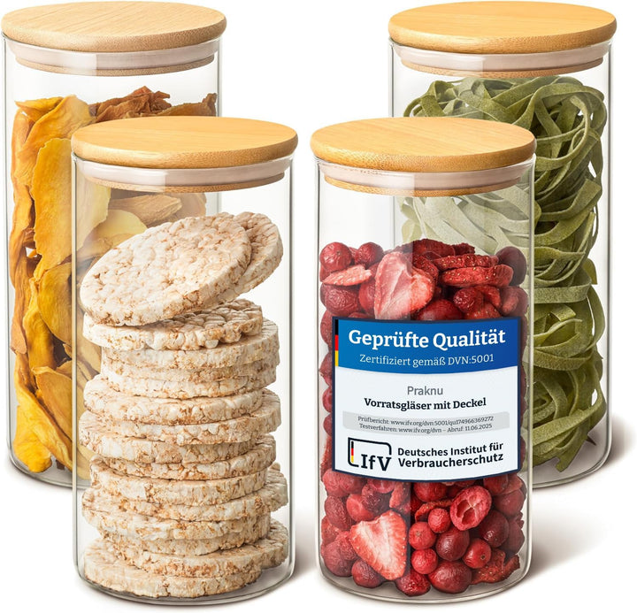 Praknu Vorratsgläser mit Deckel 4er Set - Luftdicht - 1,2 L - Spülmaschinenfest - 8