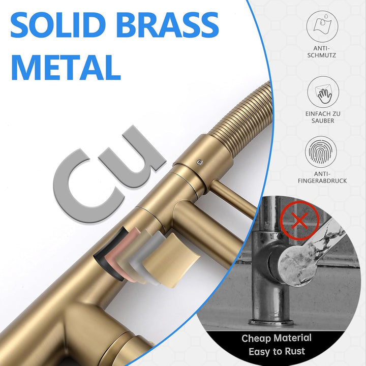 TIMACO Wasserhahn Küche Gebürstetes Gold mit Schloss Brause Ausziehbar - 360° Schwenkbare- Pull-Down