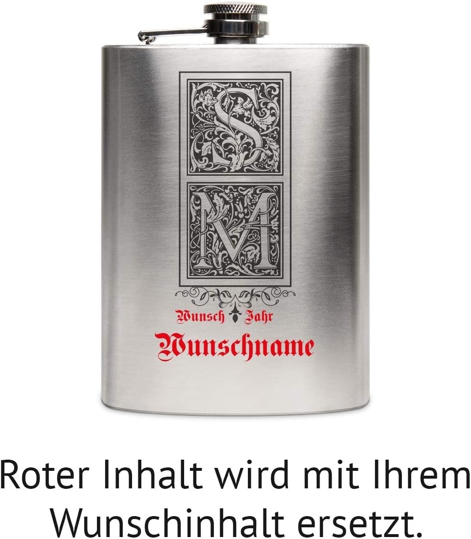 Edelstahl Flachmann 237 ml 8 oz Geschenk mit individueller Gravur - Verzierte Initialen, Verzierte I