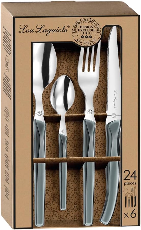 Lou Laguiole RISING SUN Besteck Set 6 Personen | 24-teilig | Grau glänzend | Essbesteck 6 Personen s