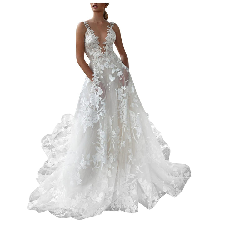 Trauung Kleid Standesamtliche Brautkleid Damen Lang Schlichte Brautmode Tüll V-Ausschnitt Damen Brau