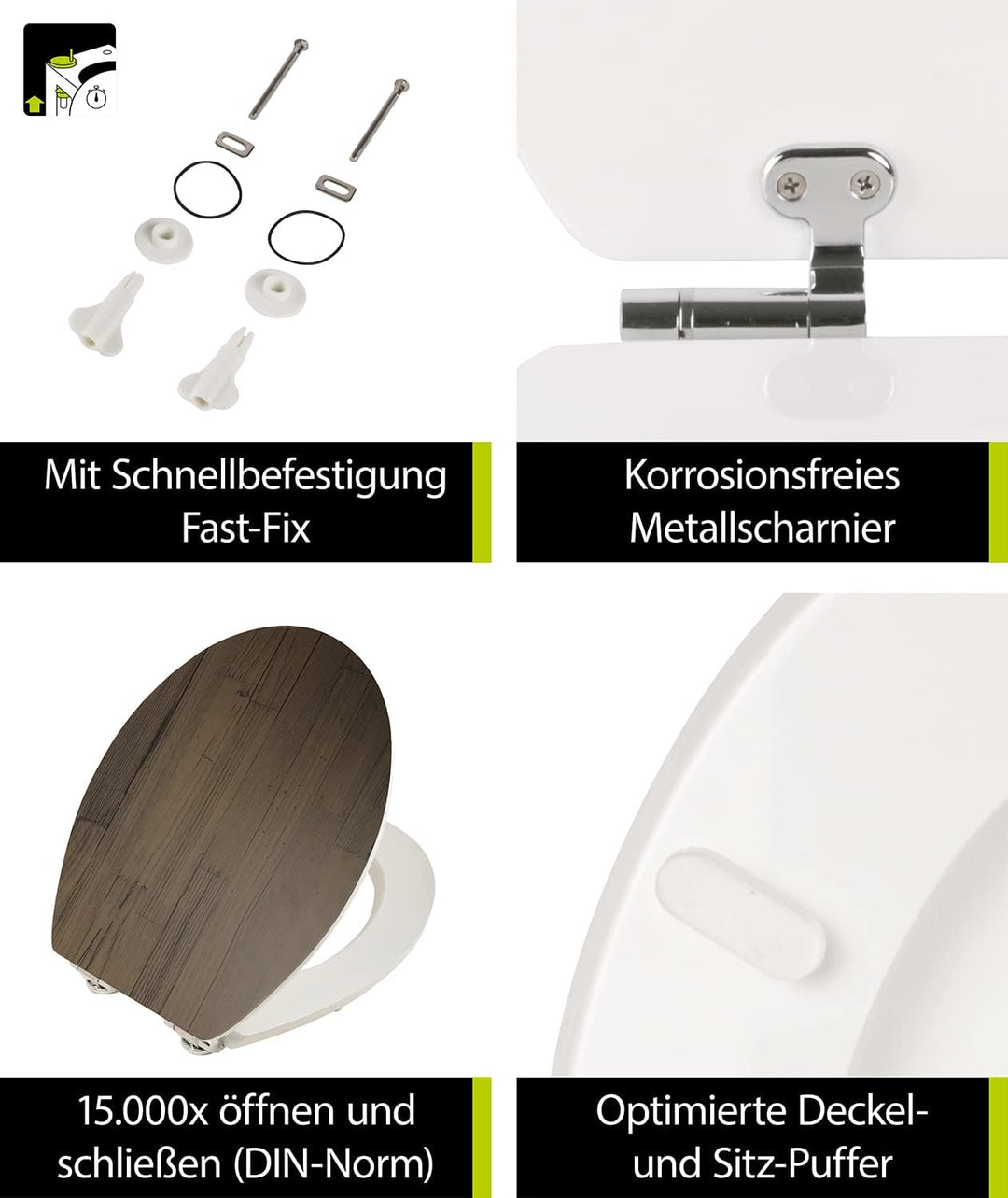 aquaSu® WC-Sitz mit Absenkautomatik, Holz Dekor Holz-Optik Anthrazit, Toilettensitz mit Holzkern, un