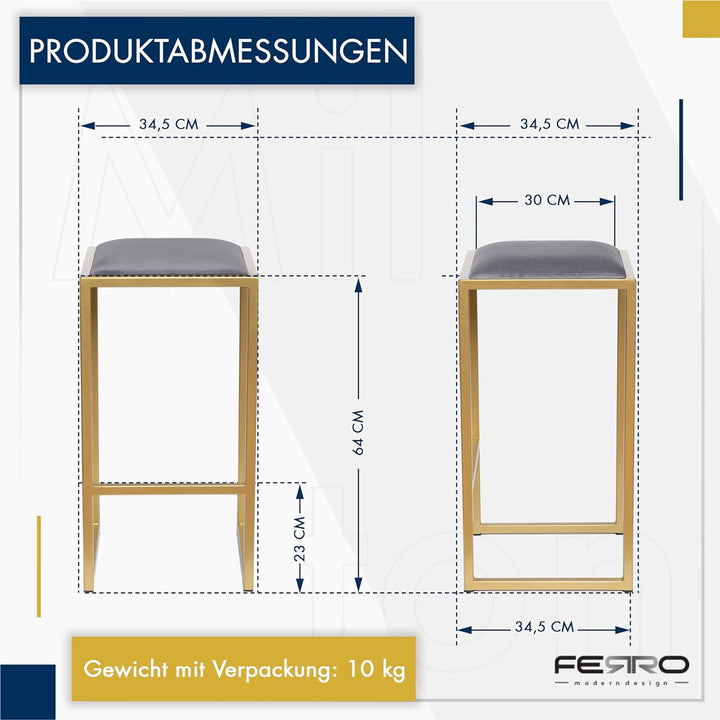 FERRO modern design Barhocker Gold ohne Lehne 64 cm - Metal Barstuhl mit Gepolstertem Sitz - Loft St