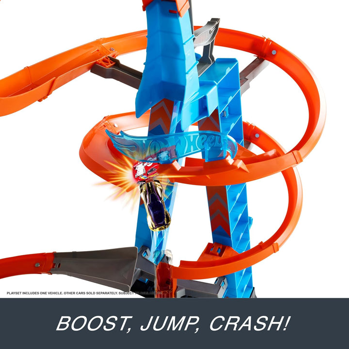 Hot Wheels GWT39 - Himmelscrash-Turm, 60cm hoch mit batteriebetriebenem Beschleuniger und orangem Tr