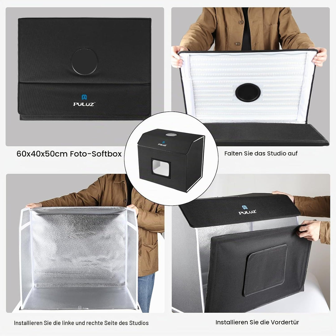 PULUZ Upgrade Fotobox 60x40cm, Fotostudio-Zelt-Set mit dimmbaren 3 Farbtemperaturen 762 LEDs &amp; 4 PVC