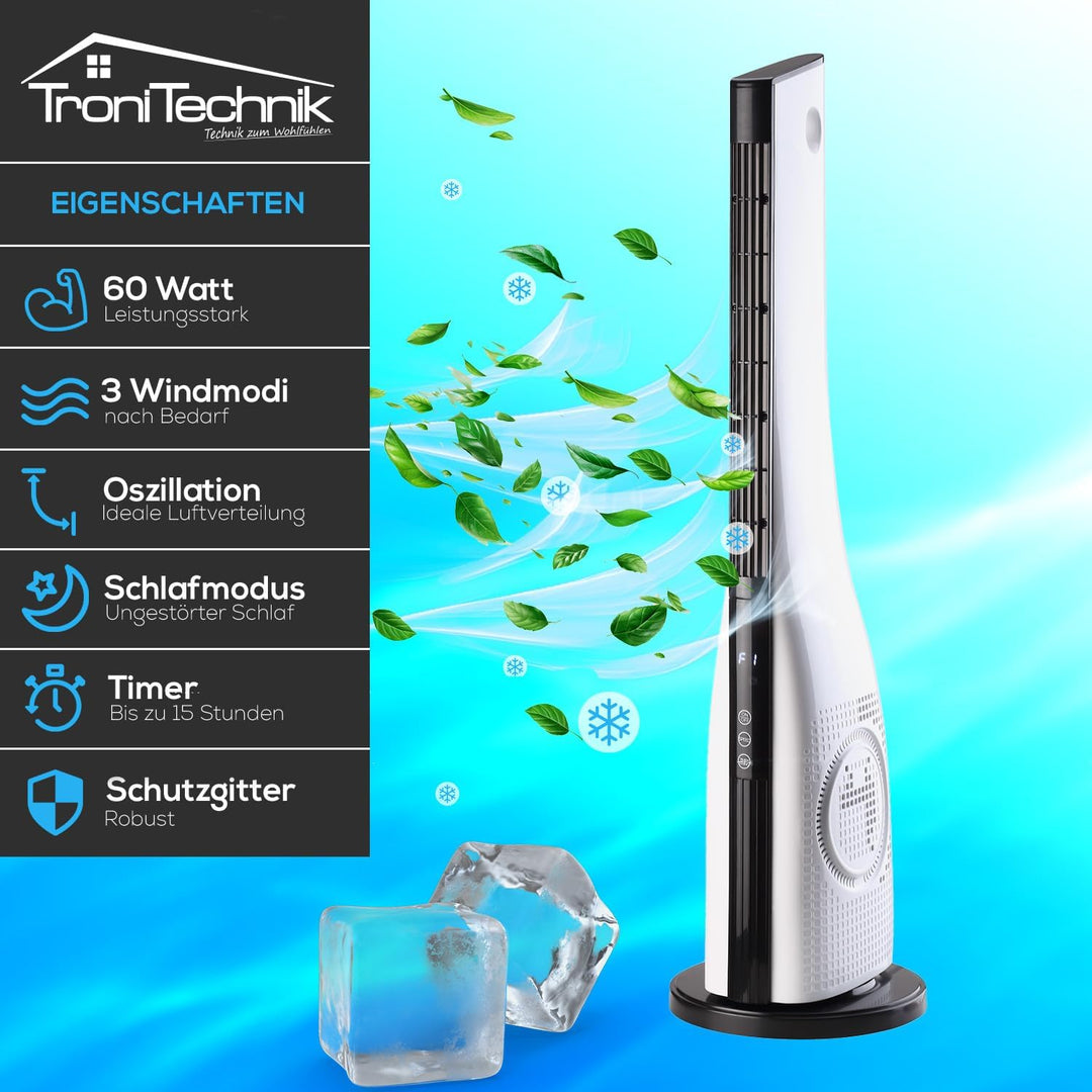 Tronitechnik® Turmventilator TUV05 Standventilator 88 cm mit Oszillation Timer 3 Stufen leise platzs
