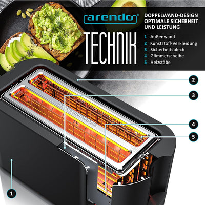 Arendo - Edelstahl Toaster Langschlitz 4 Scheiben - Touchpanel – Doppelwandgehäuse – 1500 W – Integr