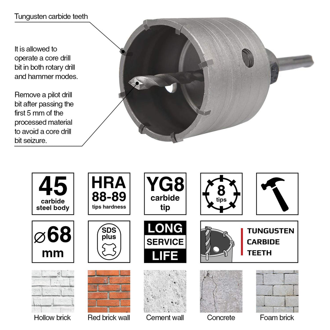 GRAFF 68 mm Lochsäge für Wand, Beton, Ziegel, Silikonziegel, Wandbohrer, SDS-Plus-Adapter 110 mm, Ze