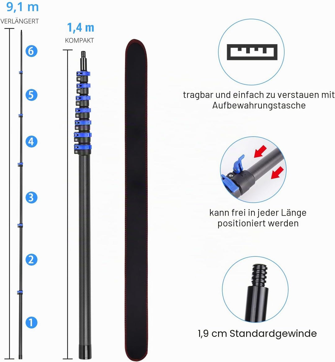 Staubwedel Teleskop 9.15m, Teleskopstange Kohlefaser Fensterreinigung, Staubwedel Ausziehbar Kohlefa