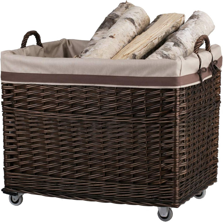 Vollweidener Kaminkorb, rechteckig, Rollkorb aus Weide, Rollkorb für Kaminholz, Rollkorb mit Stoffbe