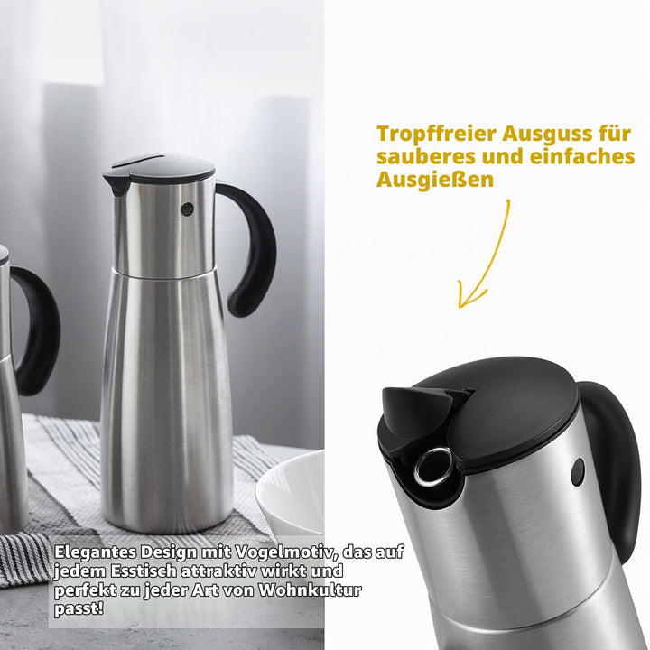 Vucchini Ölspender Edelstahl 300ml, Olivenölflasche mit Vogelähnlichem, Tropffreier, Abnehmbarer Aut