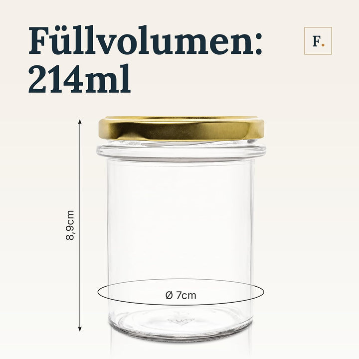 flaschenbauer.de 24er Set Sturzgläser 214 ml inkl. goldene Twist Off Deckel TO66 zum Einmachen von S