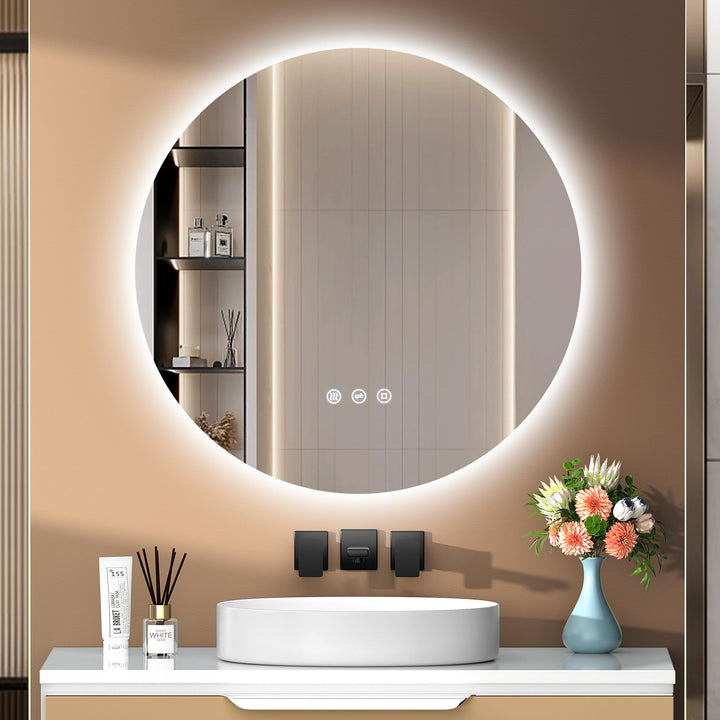 Runder Badspiegel mit Beleuchtung, 3 Lichtfarben, Dimmbar, Touch-Schalter, 70cm Badezimmer Spiegel m
