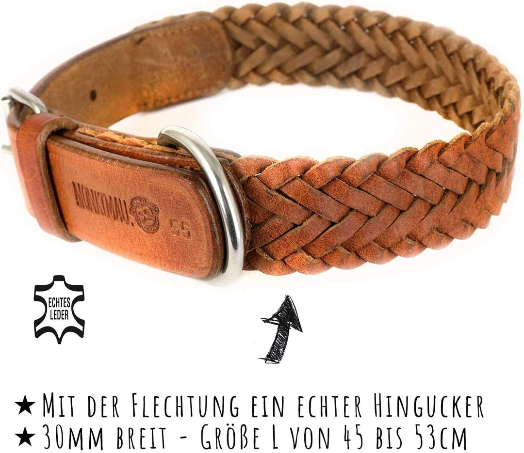 Monkimau Halsband für Hunde aus echt Leder geflochten verstellbar L 45-53 cm M-L: 30mm x 60cm, M-L: