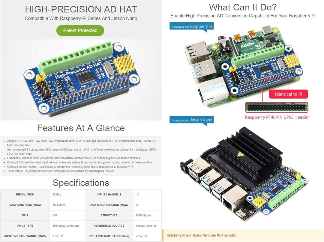 Waveshare High-Precision AD HAT for Raspberry Pi/Jetson Nano with ADS1263 Onboard 10-Ch 32-Bit Suppo