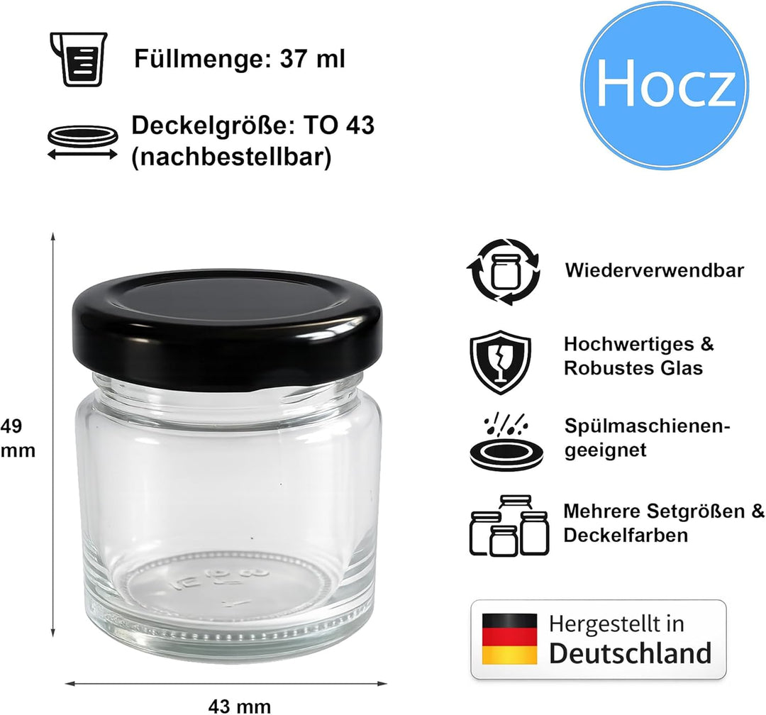 hocz 100x Mini Marmeladengläser 37 ml Set | Deckel Schwarz TO 43 | kleine Einmachgläser mit Schraubd