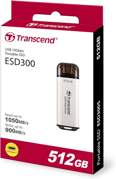 Transcend Portable SSD ESD300S 512GB USB Typ-C 10 Gbit/s PS4/PS5-kompatibel, Silber – TS512GESD300S