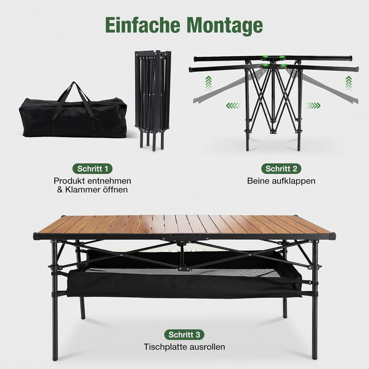 Sekey Campingtisch Faltbar, 120x60x69cm, Aufrollbare Tischplatte Klapptisch mit Aluminiumrahmen bis