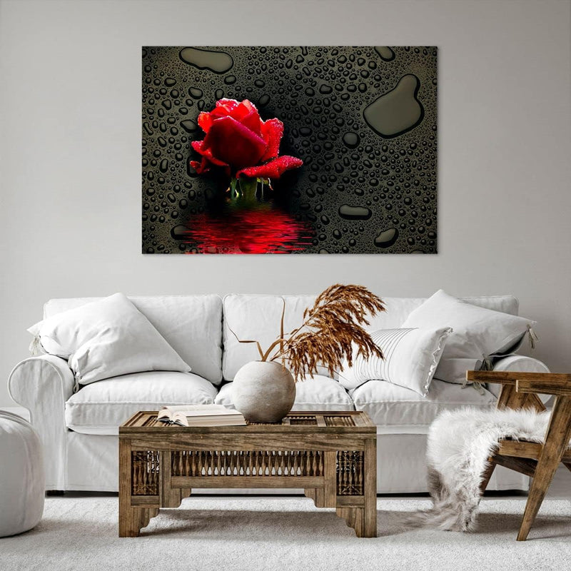 Bilder auf Leinwand 100x70cm Leinwandbild Blume rote rose wasser tau Gross Wanddeko Bild Schlafzimme