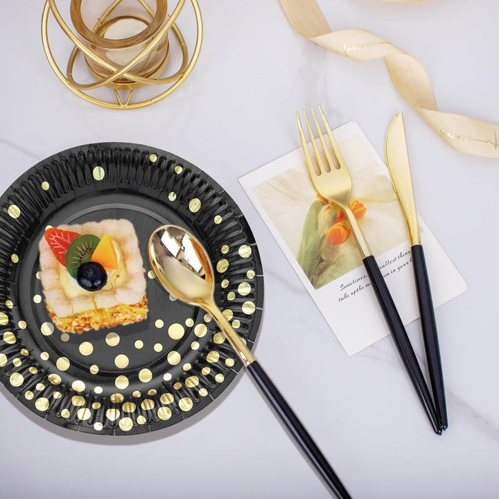 HNH Partyteller Pappteller 50er Set Schwarz mit Goldfolie Gepunktet 23cm Papierteller mit 18cm Desse