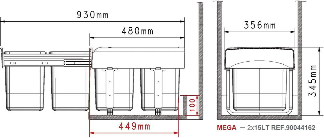 EKOTECH Einbau-Abfallsammler Mega 40 2 x 15 Liter Kunststoff Grau
