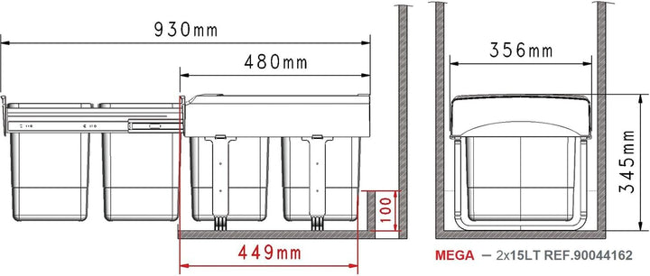 EKOTECH Einbau-Abfallsammler Mega 40 2 x 15 Liter Kunststoff Grau