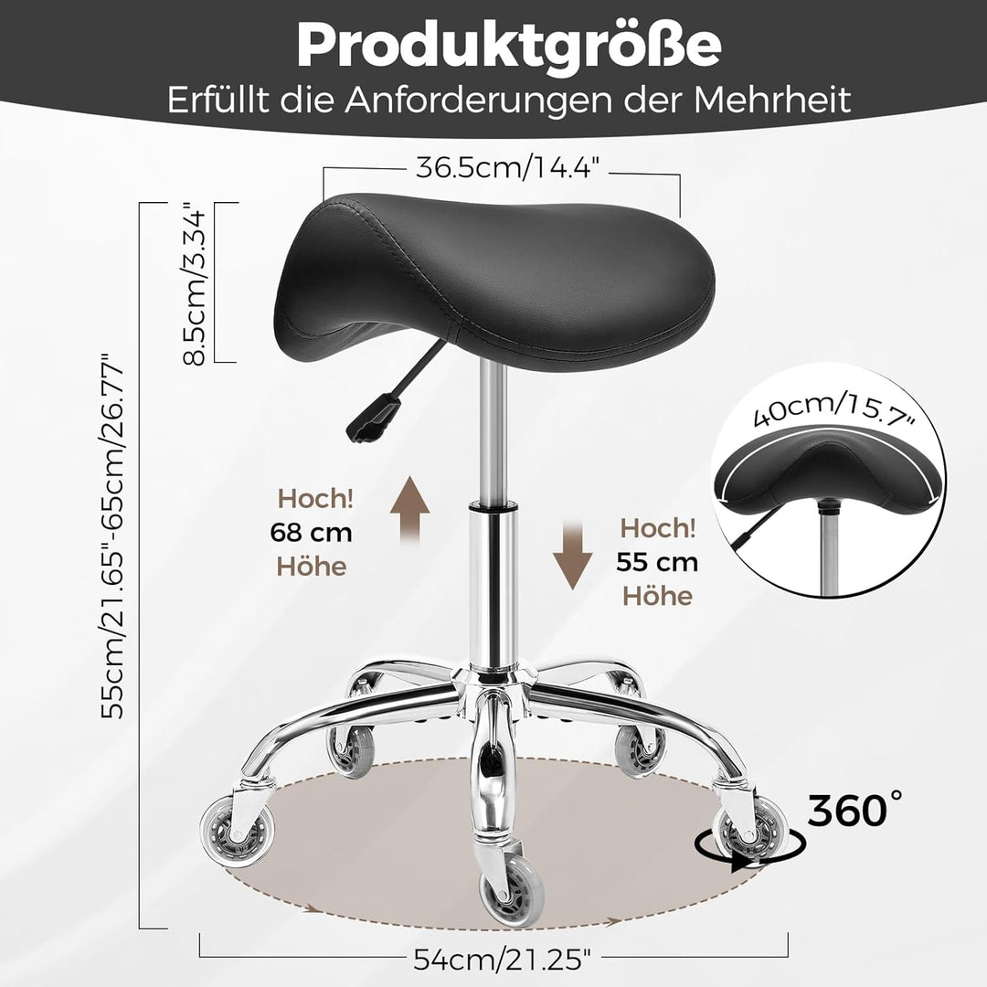 BEWISHOME Sattelhocker Höhenverstellbar, Sattelhocker mit Rollen, 360° Drehhocker Rollhocker, Ergono