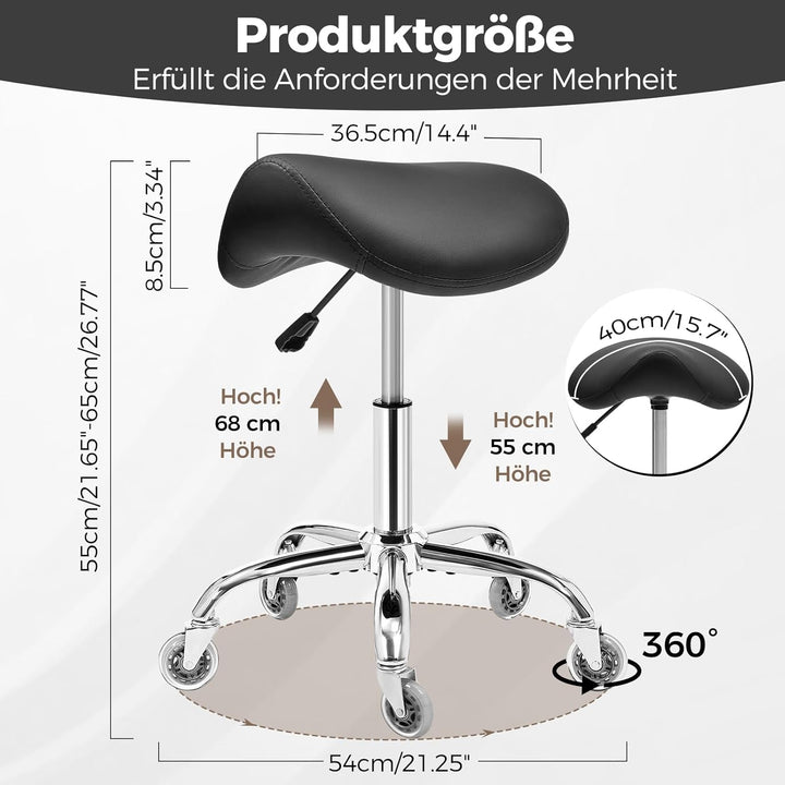 BEWISHOME Sattelhocker Höhenverstellbar, Sattelhocker mit Rollen, 360° Drehhocker Rollhocker, Ergono