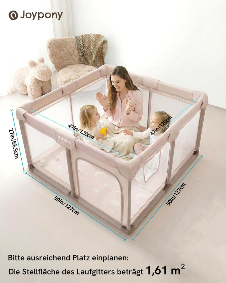 Joypony Baby Laufstall 127 x 127 cm mit Matte, Laufgitter Baby mit atmungsaktivem 360° Netz, rutschf
