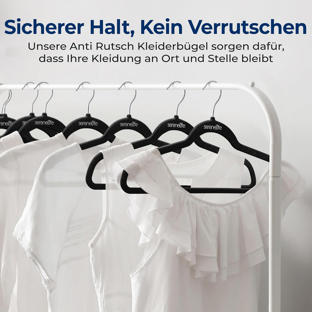 SereneLife 100 Kleiderbügel Schwarz &amp; Rutschfest– Kleiderbügel Samt &amp; Platzsparend mit drehbarem Hak