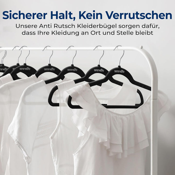 SereneLife 100 Kleiderbügel Schwarz &amp; Rutschfest– Kleiderbügel Samt &amp; Platzsparend mit drehbarem Hak