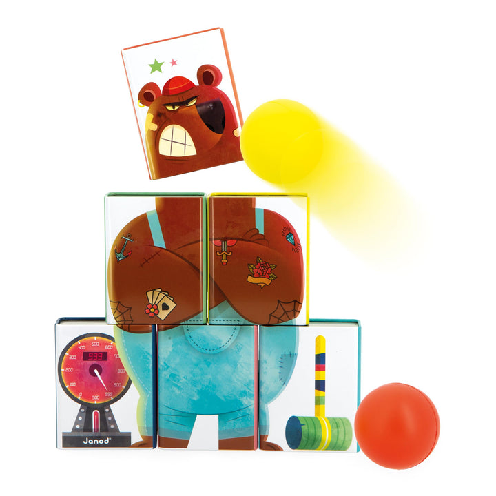 Janod - Dosenwerfen Applepop - Geschicklichkeitsspiel - 6 Metalldosen + 2 Schaumstoffbälle - Outdoor