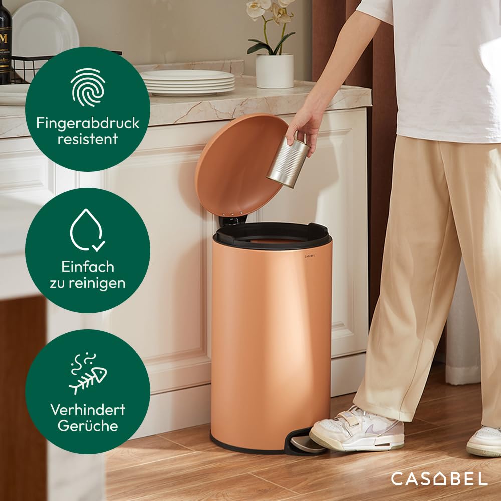 CASABEL Mülleimer Küche 30L - 100% Edelstahl, Resistent gegen Fingerabdrücke, Runder Treteimer mit F