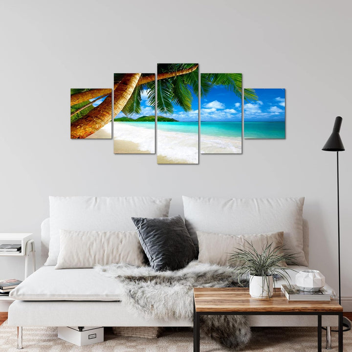 Runa Art Wandbilder Strand Palmen 5 Teilig Bild auf Vlies Leinwand Deko Schlafzimmer Wohnzimmer Meer