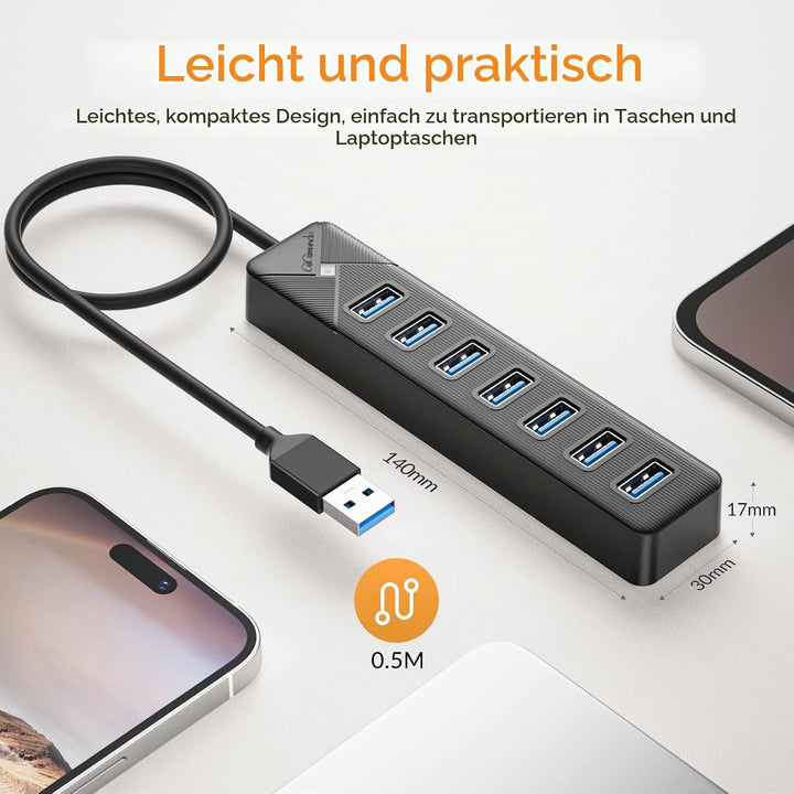 GiGimundo PG7U USB Hub 3.0, 7-Port USB Verteiler, 50CM Kabel mit 5V/3A Stromeingang, Mehrfach USB St