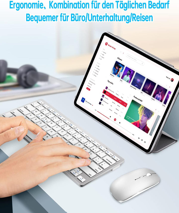 DE Layout Tastatur Maus Set Kabellos, Bluetooth Tastatur mit Maus für Tablet/iPad/Laptop/Phone, Komp