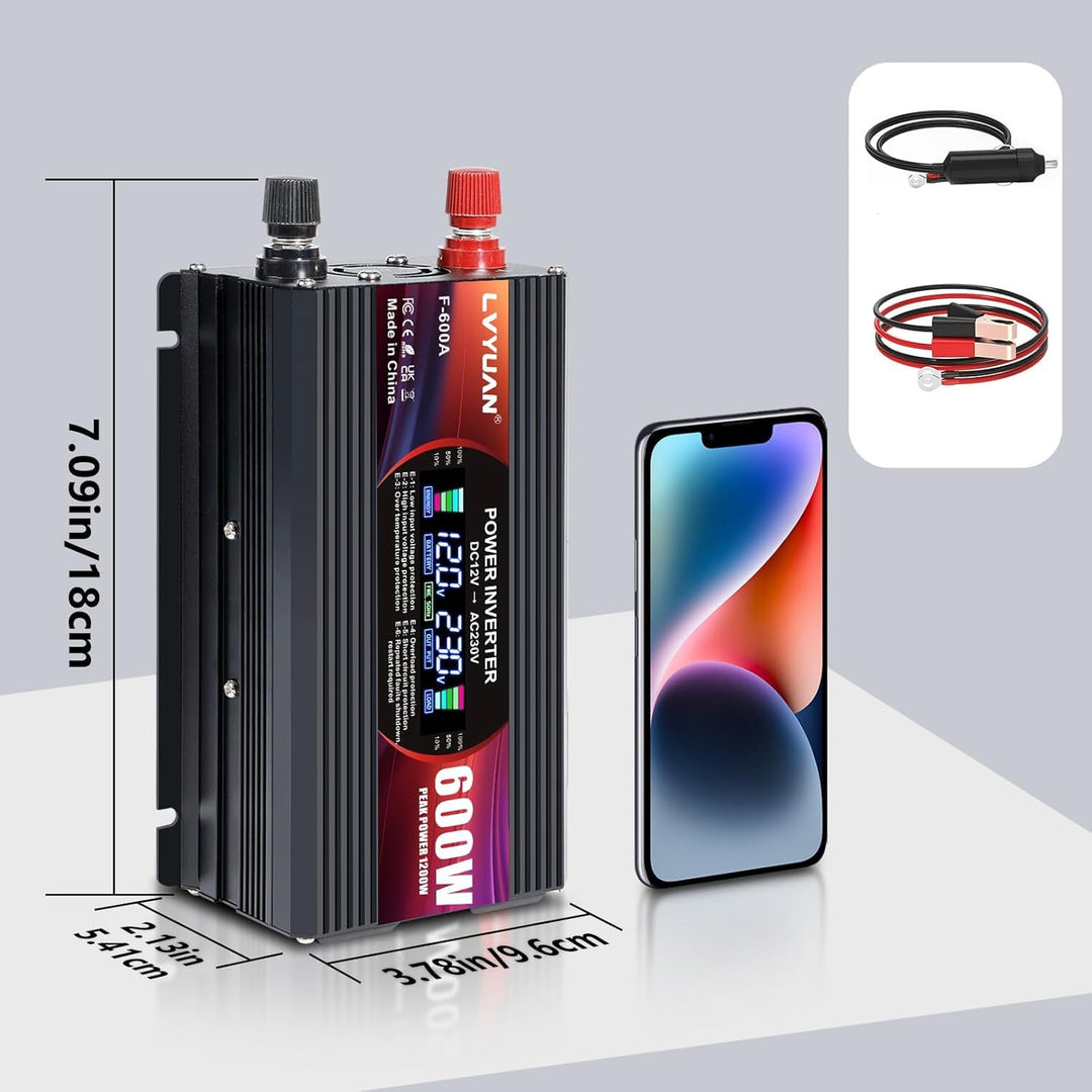 LVYUAN Wechselrichter 12V 230V 600W/ 1200W DC auf AC Spannungswandler 1 AC Steckdose & 2 USB Port St