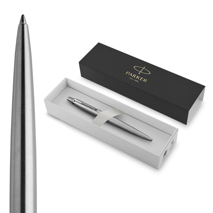 Parker Jotter Kugelschreiber | Edelstahl mit Chromzierteilen | Mittlere Spitze | Blaue Tinte | Schul
