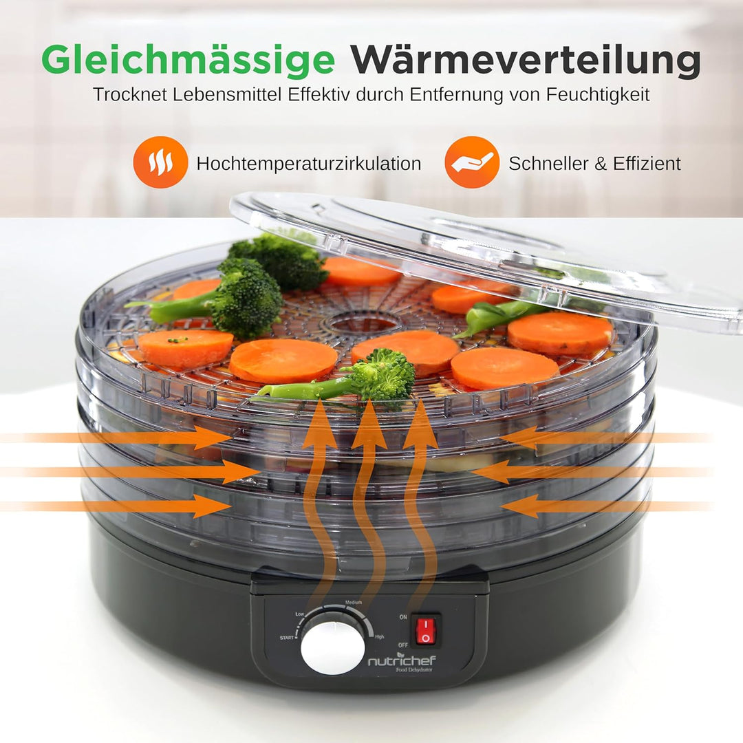 Nutrichef Dörrautomat 5 Einschübe – Schwarz BPA-freies Dörrgerät für Fleisch, Obst, Pilze & Gemüse,