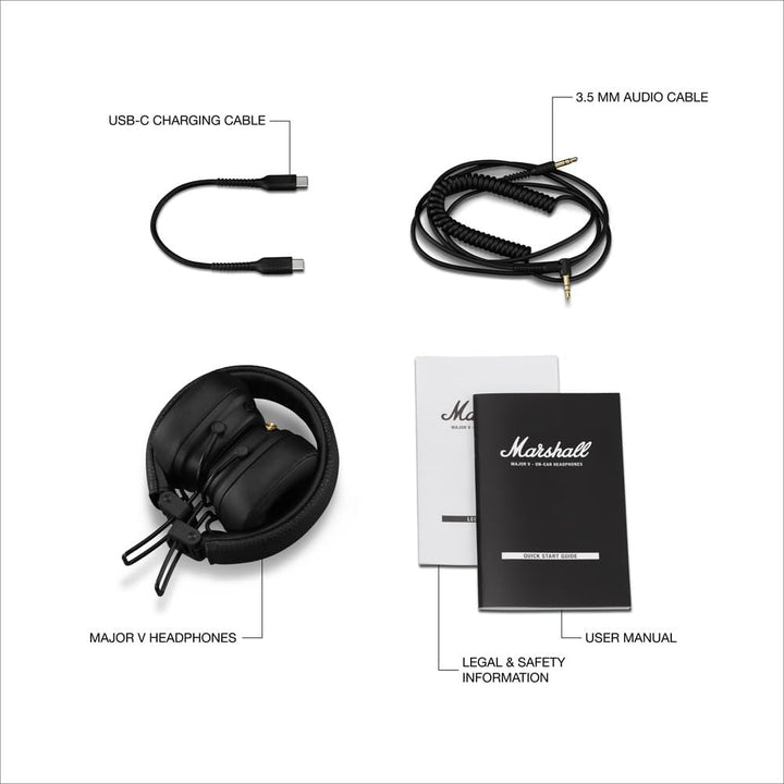 Marshall Major V Bluetooth Kopfhörer, 100 Stunden Spielzeit – Schwarz Schwarz Major V, Schwarz Major