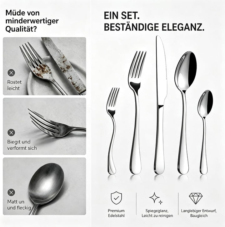 Besteck Set 4 Personen, 20-Teilig, 18/10 Edelstahl, Silber | Teardrop Design, Modern Poliert, Spülma