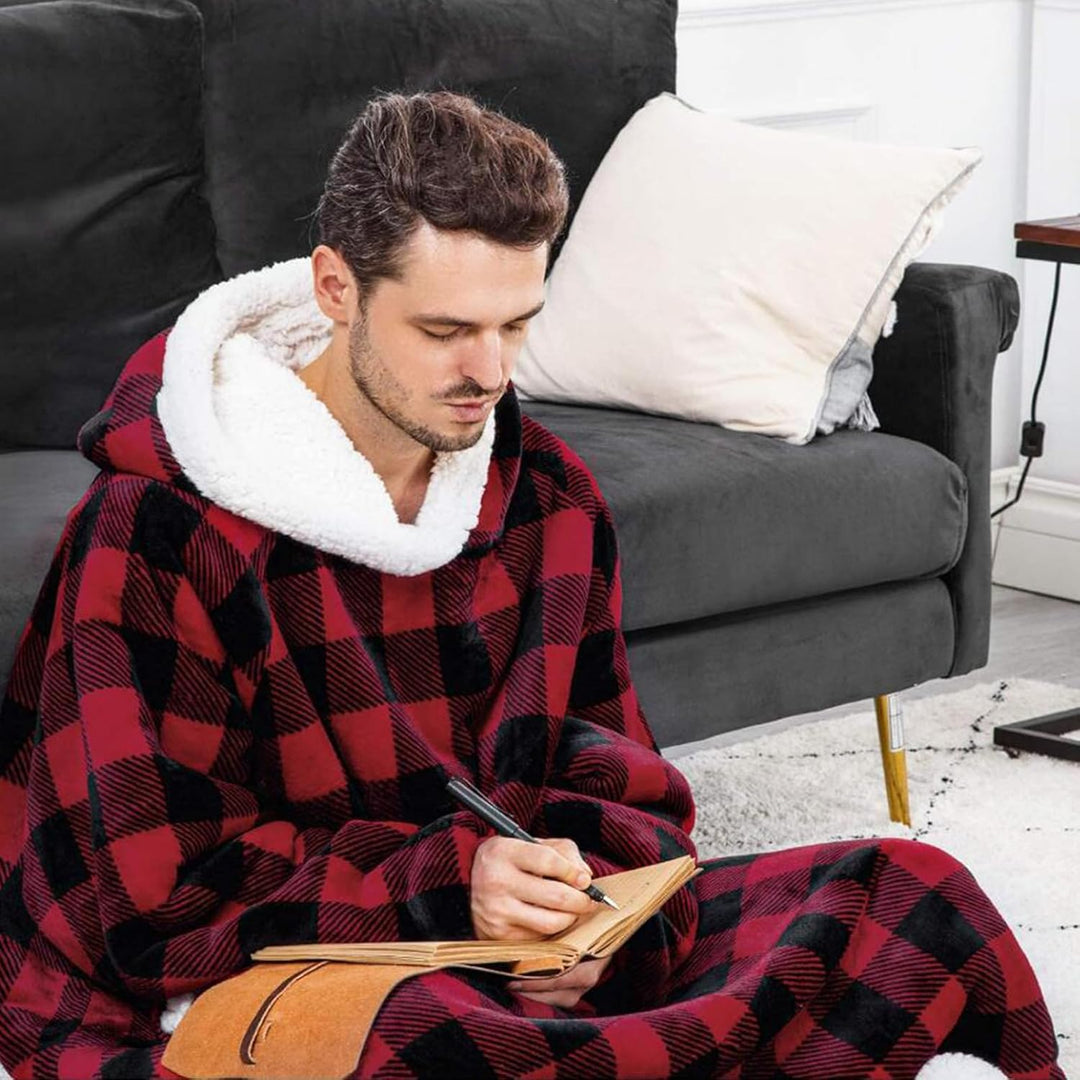 Decke mit Ärmel Pullover Rot Decke Hoodie, Kuscheldecke mit Ärmeln, Erwachsene Ärmeldecke Weich Warm