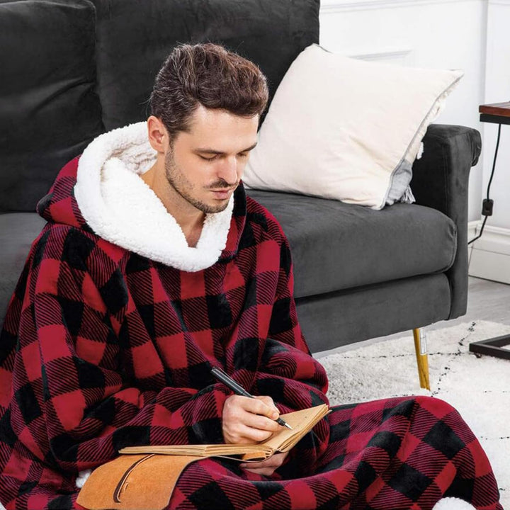 Decke mit Ärmel Pullover Rot Decke Hoodie, Kuscheldecke mit Ärmeln, Erwachsene Ärmeldecke Weich Warm