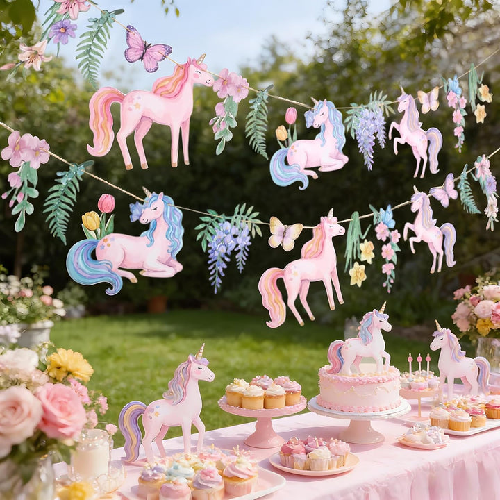 Easy Joy Magische Einhorn-Party-Girlande, rosa blumige Papierfahnen mit Schmetterlingen und Blumen,
