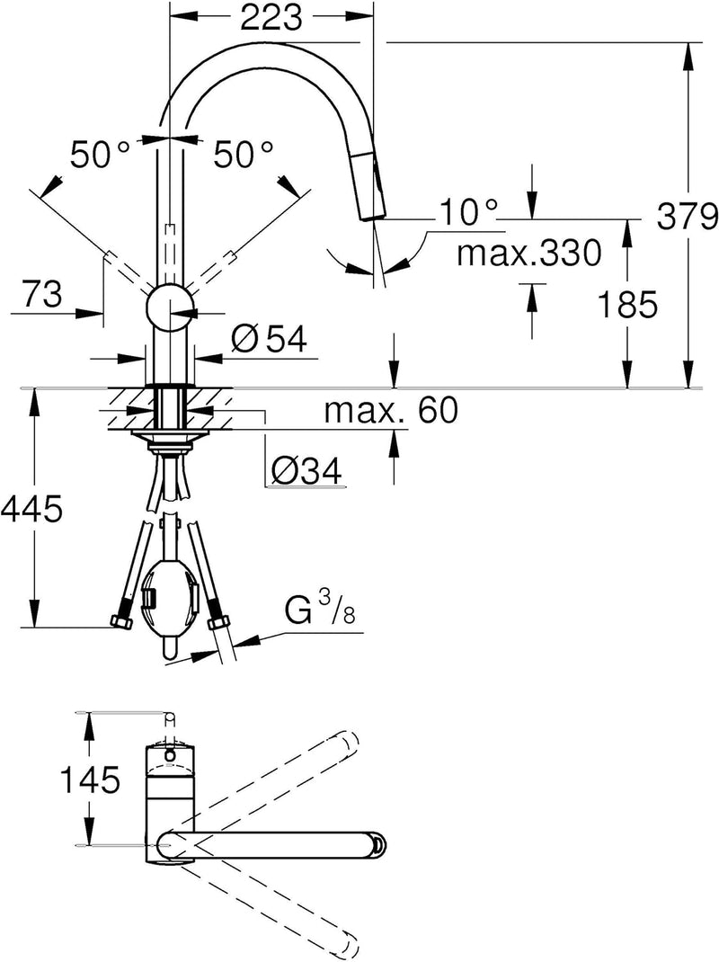 GROHE Minta - Einhand-Spültischarmatur (C-Auslauf, Einlochmontage, herausziehbarer Dual Spülbrause,